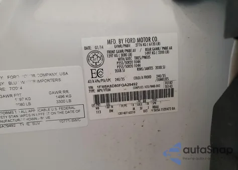 2015 Ford Explorer Xlt from USA, damaged, VIN 1FM5K8D80FGA29492